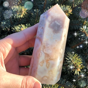 gorgeous high quality colorful flower agate tower with quartz and small druzy, under 4 1/2” in length