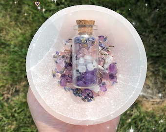 divine feminine spell bottle for baddies | amethyst, rainbow moonstone, lavender rose quartz chips, lavender