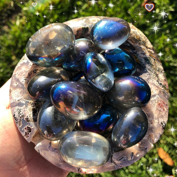 blue lightening quartz tumble, intense blue aura quartz tumbles