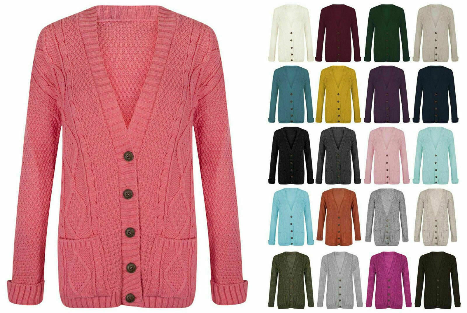 Womens Ladies Chunky Cable Knit Cardigan Button Long Sleeves Grandad Plus Sizes Womens Ladies Chunky Cable Knit Cardigan Button Long Sleeves Grandad Plus Sizes