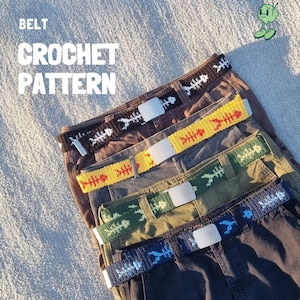 Peut inclure: Plusieurs ceintures crochetées de différentes couleurs, chacune ornée d'un motif d'arêtes de poisson. Les ceintures sont présentées sur des pantalons de couleurs variées. Le texte "BELT CROCHET PATTERN" est visible.
