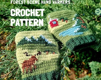Patrón de crochet para calentadores de manos con escena de bosque