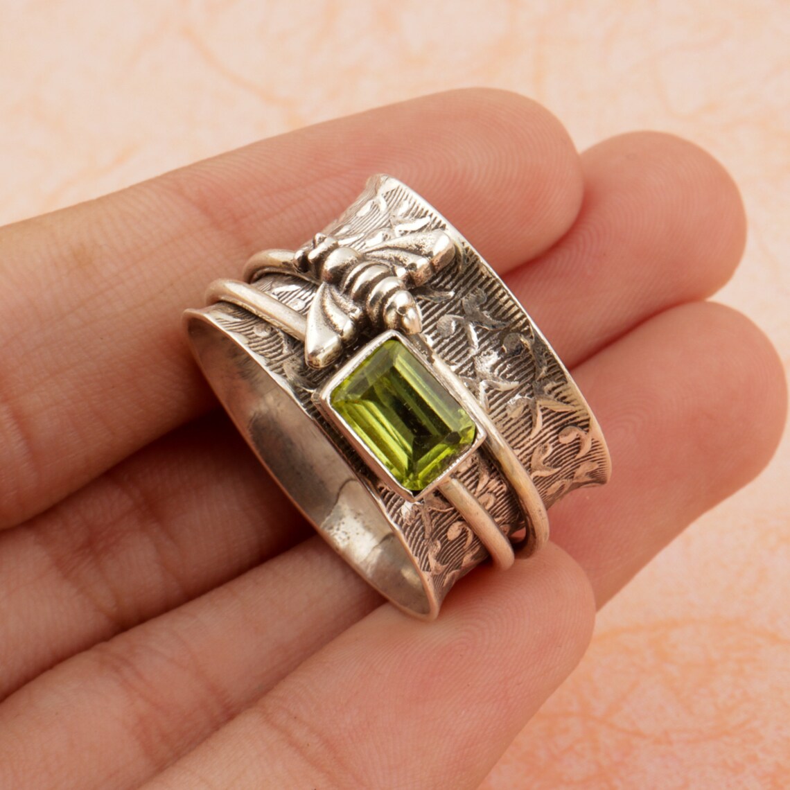 Authentic Peridot Ring Wedding Band Ring Spinner Band Ring