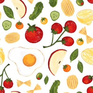 May include: A repeating pattern illustration featuring various food items including red tomatoes on the vine, single tomatoes, fried eggs, apple slices, green cucumbers, sliced cucumbers, yellow lemon halves, green leaves, ridged potato chips, and pasta.