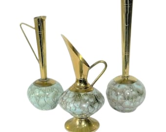 MCM Delft brass & ceramic crackle hand painted glaze, set of 3 vessels/bud vases