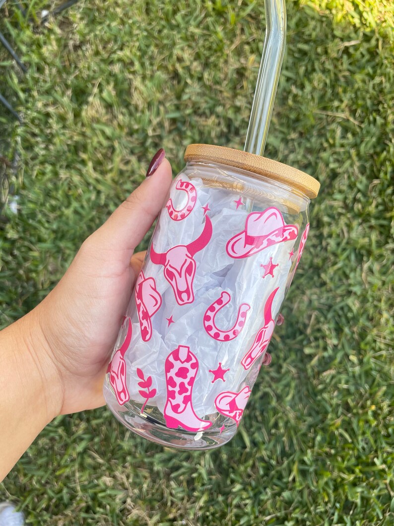 Cowgirl Glass Cup, Boho Tumbler, Iced Coffee Cup, Glass Coffee Cup, Glass Cup, Western, Boho