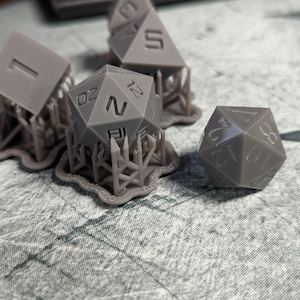 Op de afbeelding: Een set grijze plastic dobbelstenen, waaronder een twintigzijdige dobbelsteen, een zeszijdige dobbelsteen en een d8. De dobbelstenen liggen op een grijs oppervlak.
