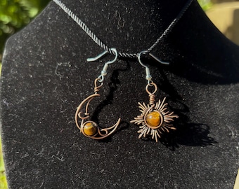 YOU CHOOSE Sun and Moon Handmade Wire Wrapped Gemstone Dangle Earrings