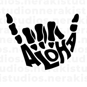May include: Black and white graphic design of a hand making the shaka sign with the word "Aloha" incorporated into the design. The design is surrounded by the text "nerakistudios.com".