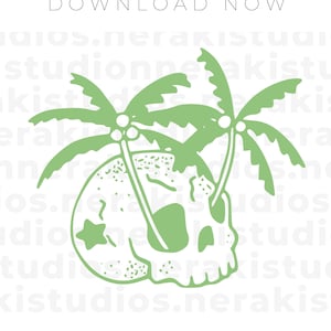 May include: Green skull graphic with two palm trees growing out of the top of the skull. The text "SVG/PNG/JPG" and "neraki studios." is below the graphic. The text "Digitals, Decals & More" and "INSTANT DOWNLOAD" is below the text.