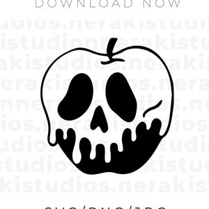 May include: Black and white illustration of a poisoned apple with a skull face. The apple is dripping with poison. The text "DOWNLOAD NOW" is at the top of the image. The text "SVG/PNG/JPG" is in the middle of the image. The text "neraki studios." is at the bottom of the image. The text "Digitals, Decals & More" is below the text "neraki studios." The text "INSTANT DOWNLOAD" is below the text "Digitals, Decals & More".