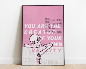 Wall Art Poster Trendy Typography Digital Print, Skeleton Wall Art,  Pink Aesthetic "Good things are coming" Printable Illustration Download