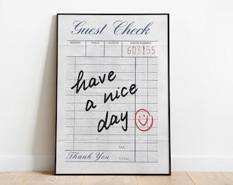 Guest Check Print, Guest Check Poster, Retro Guest Check Print Download, Have a Nice Day Wall Art, Modern Aesthetic Dorm Poster, Trendy Art