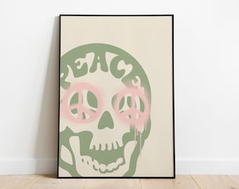 Peace Skull Print, Aesthetic Illustration, Printable Wall Art, Peace Poster Trendy Wall Art, Retro Wall Art, Dorm Decor, Green Retro Prints