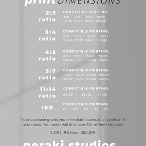 May include: A digital download graphic with the text "print DIMENSIONS" in black and white. The graphic lists different print ratios and their corresponding compatible printing sizes in inches. The text "neraki studios." is at the bottom of the graphic.