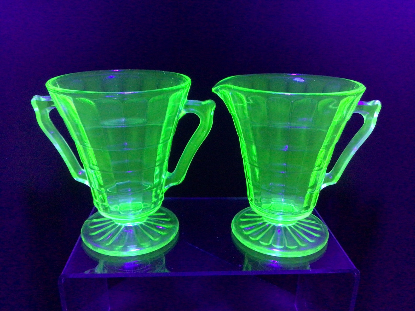 Anchor Hocking Block Optic Green Uranium Glass Creamer & Sugar Etsy