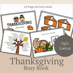 May include: A Thanksgiving-themed activity book with 13 pages. The cover features the text "Thanksgiving Busy Book" and illustrations of a turkey, pumpkin pie, and a cornucopia. The book includes color sorting and other activities.