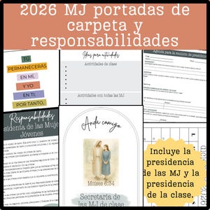 May include: A set of Spanish-language documents titled "2026 MJ Portadas de Carpeta y Responsabilidades." The documents feature text including "Ideas para actividades" and "Anda conmigo," alongside illustrations and organizational elements, designed for a specific purpose.