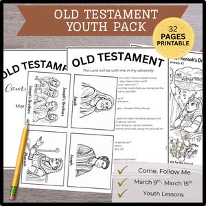 May include: A collection of black and white printable pages for youth lessons. The pages feature illustrations and text related to Old Testament stories, including Joseph and Pharaoh. The title "Old Testament Youth Pack" is displayed prominently, along with "32 Pages Printable."