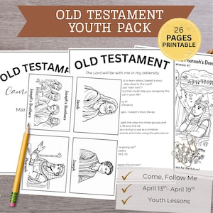 May include: A printable Old Testament Youth Pack with 26 pages. The design includes black and white illustrations of biblical figures and text. The pack includes lessons for April 13th-19th.