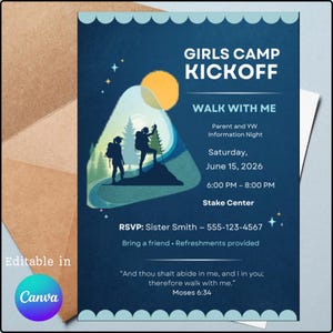 May include: Dark blue invitation for a Girls Camp Kickoff event. The design features silhouettes of hikers, a sun, and text including the date, time, and RSVP information. The invitation is editable in Canva.