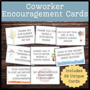 Op de afbeelding: Een verzameling collega-aanmoedigingskaarten met diverse boodschappen. De kaarten hebben bloemen- en aquarelontwerpen, met zinnen als "Bedankt voor het opfleuren van mijn dag" en "Je kan het". De set bevat 24 unieke kaarten.