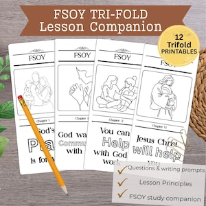 May include: Four white rectangular paper trifold lesson companions with black line art illustrations and text. The text includes FSOY, Chapter 1, God's Plan is for you, Chapter 2, God wants communication with, Chapter 3, You can Help with God's work, and Chapter 4, Jesus Christ will help you.