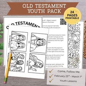 May include: A printable Old Testament Youth Pack with 24 pages. The image shows black and white illustrations of biblical figures and scenes, with text including "Come, Follow Me" and "Youth Lessons."