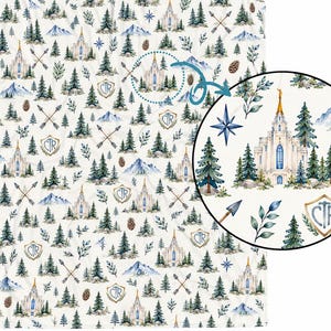 May include: A white fabric blanket featuring a repeating watercolor pattern of temples, pine trees, blue mountains, pinecones, crossed arrows, and gold shields with the letters CTR. A circular inset highlights the detailed temple design.