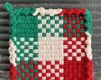 Handmade Christmas Potholder: Red and Green Woven Cotton Hot Pad