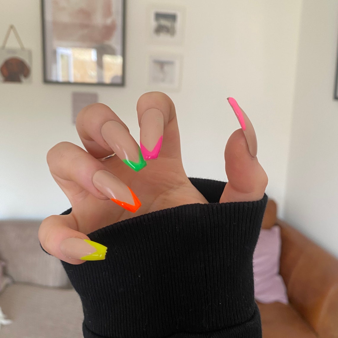 Neon French Tip Nails multicolour neon luxury press on | Etsy