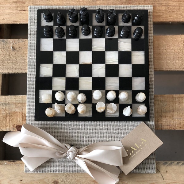 Marble Chessboard - White/Black, game set, pieces, chess, marble, artisanal, coffee table, decor, stone