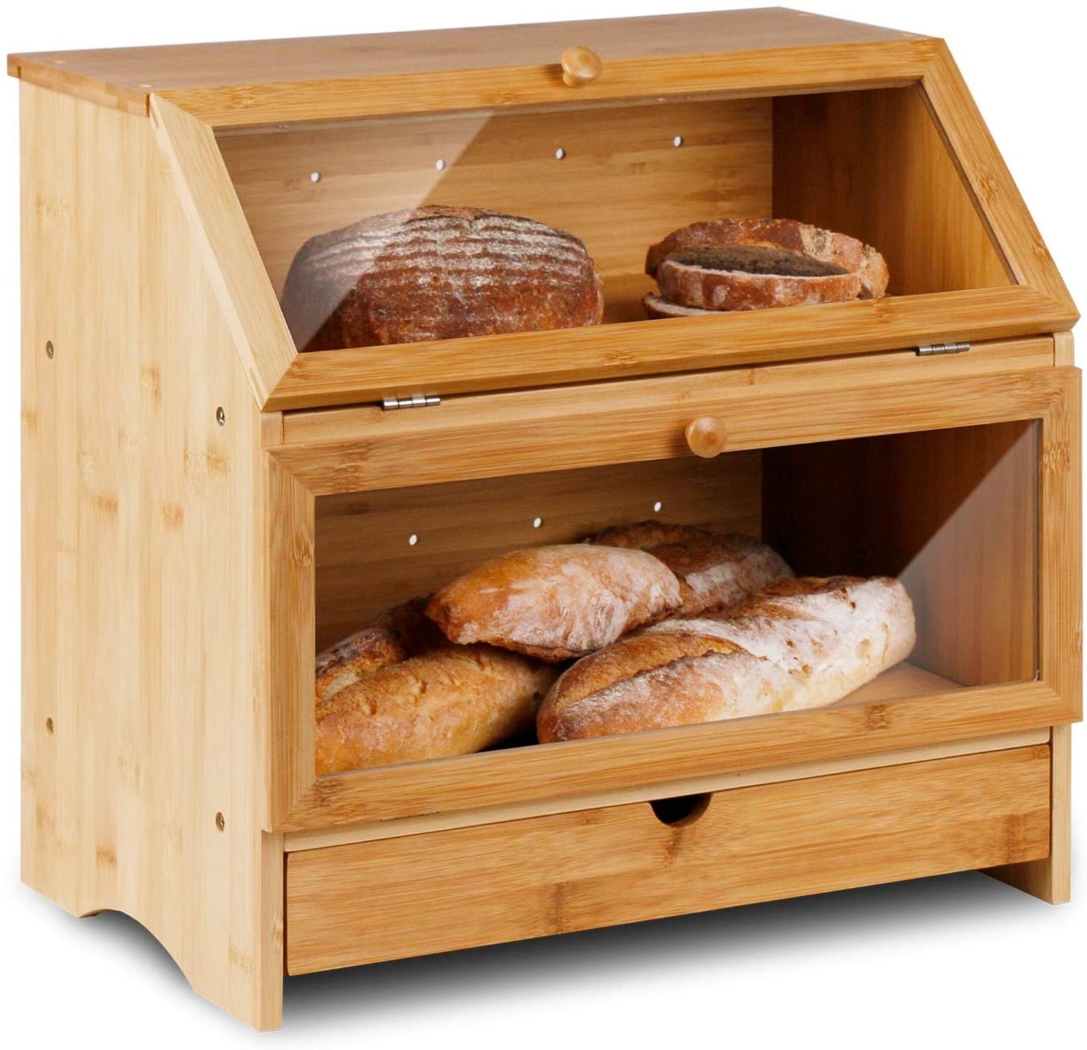 Large Bamboo Twolayer Bread Box With Drawer Double Layers Etsy