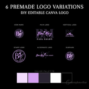 May include: A graphic design featuring six premade logo variations for a nail salon. The logos include an icon mark, main logo, vertical logo, stamp logo, alternate logo, and submark. The color palette includes shades of purple, black, and white. Text includes "Bea May Nail Salon".