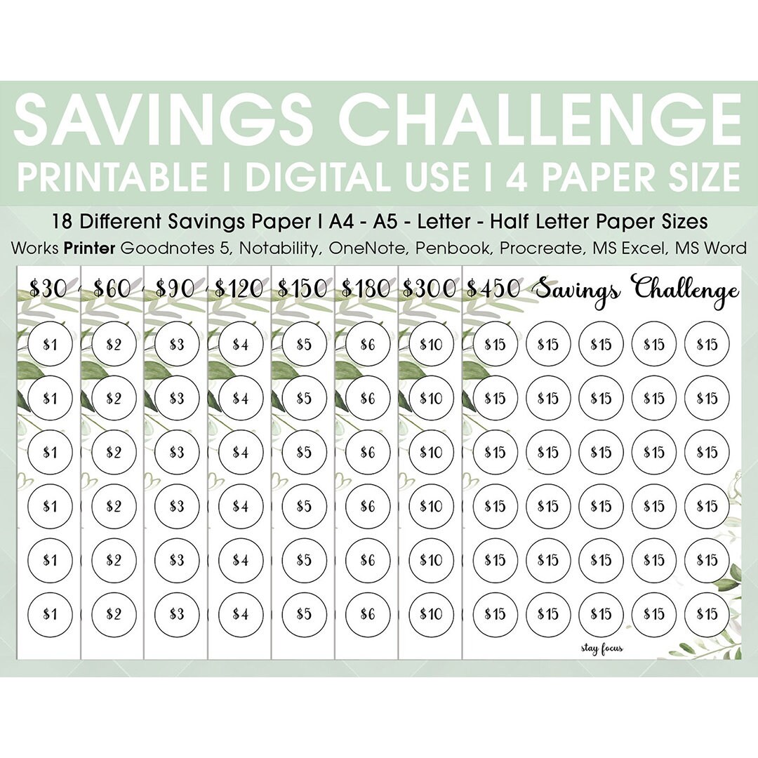 Printable Savings Challenge, Savings Papers, Digital Planner, Cash ...