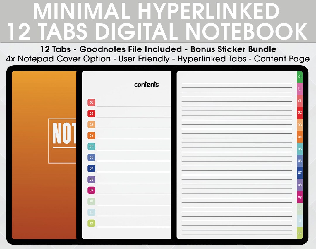 Digital Hyperlinked Notebook Minimal Notebook 12 Tabs - Etsy