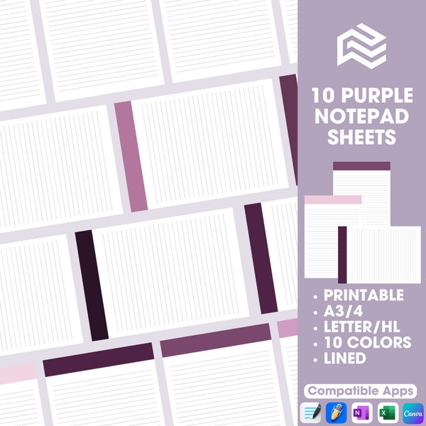 10 PURPLE DIGITAL NOTEPAD Sheet, goodnotes sheet, notability sheet, a4 digital sheet, purple notepad, minimalistic note, A4/A5/Half/Letter