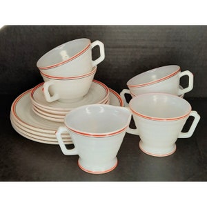 Rare Hazel Atlas Red Black Stripe Moderntone Milk Glass 14 pc Set