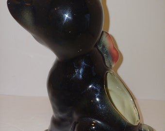 Mid-Century Glazed Ceramic Kitten Cat with Sapphire Eyes & Pink Bow