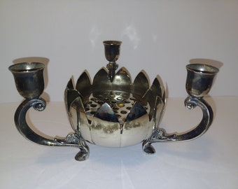 Silver Plated Candelabra,Flower Bowl Candelabra,Lotus Bowl,Three Candle Candelabra,Candle Holder