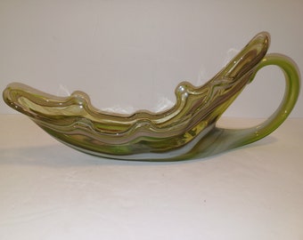 Mid Century Handblown Cornucopia  Green Multi Color Art Glass Bowl Vase 15"