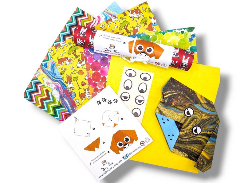 Pode incluir: Um conjunto de papel de origami colorido com tema de c&atilde;es. O papel &eacute; impresso com v&aacute;rios padr&otilde;es, incluindo bolinhas, listras e um design de m&aacute;rmore. O conjunto tamb&eacute;m inclui uma folha de olhos de cachorro e uma folha de instru&ccedil;&otilde;es para fazer um cachorro de origami.