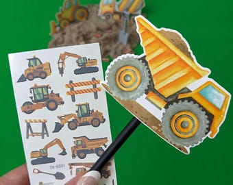 Construction Party Bag Fillers: Rainbow Pencil with Vehicle Topper and Tattoos, digger party bags, dumper truck party favours