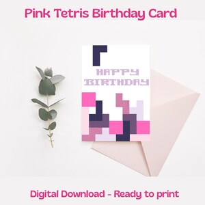Cartão de Feliz Aniversário Tetris Rosa, Cartão de Aniversário Retro Rosa Bonito, Cartão de Aniversário Divertido, Fofo, Jogadores Rosa