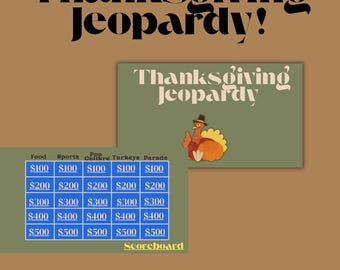 May include: Thanksgiving Jeopardy game board with a turkey illustration. The game board includes categories like Food, Sports, and Parade, with point values from $100 to $500. Text at the bottom says "Available as presentation & Pdf."