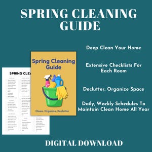 May include: A digital download titled "Spring Cleaning Guide" with a yellow cover featuring cleaning supplies in a green bucket. The guide promises deep cleaning, checklists, and organization tips. Text on the image includes "Clean, Organize, Declutter."
