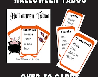 May include: Halloween Taboo game with cards featuring Halloween-themed words like pumpkins, candy, and witches. The game includes over 50 cards and is divided into sections. The cards have an orange border and are set against a black background.