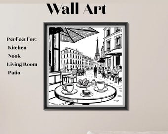 Paris Cafe Scene wall art, black and white Poster, gift for home