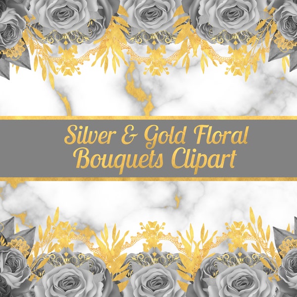 Silver and Gold Floral Clip Art, Silver gold, digital instant download flower png, golf foil flowers, instant download