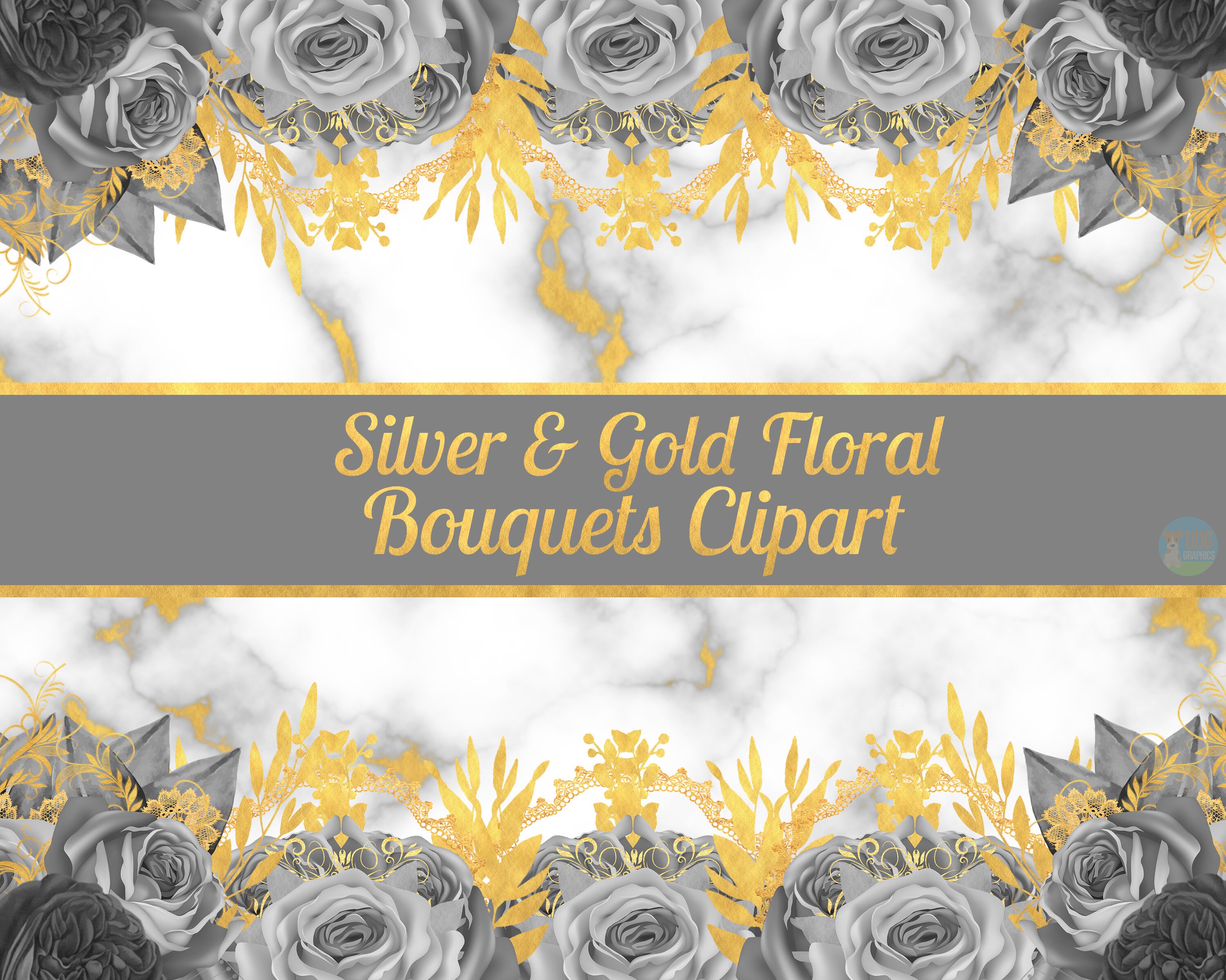 Silver and Gold Floral Clip Art Silver Gold Digital Instant | Etsy